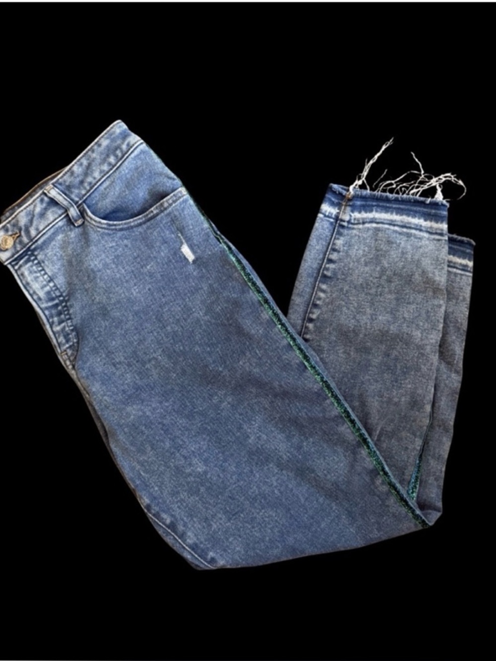 Express High Rise Curvy Denim Jeans Emerald Glitter Side Stripe Distressed‎ 12R
